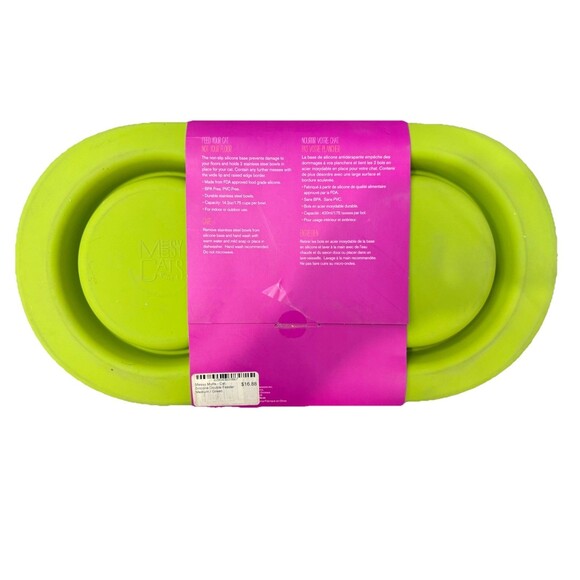 Messy Cats Double Silicone Cat Feeder Green w/ 2 Stainless Steel Bowls - Picture 2 of 4